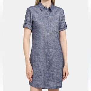 Theory Mayvine Linen Point Collar Button Down Shirt Dress Size 6 Blue Casual